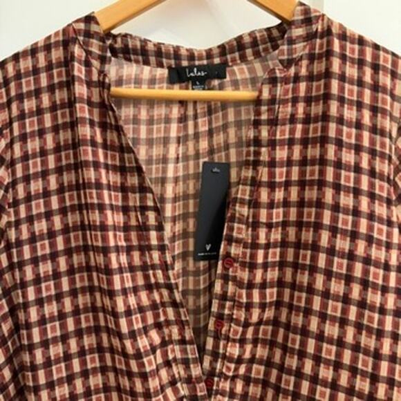 Lulus Plaid Long Sleeve Tiered Mini Dress Brown Check V-Neck L Fall Casual Boho - Picture 2 of 9